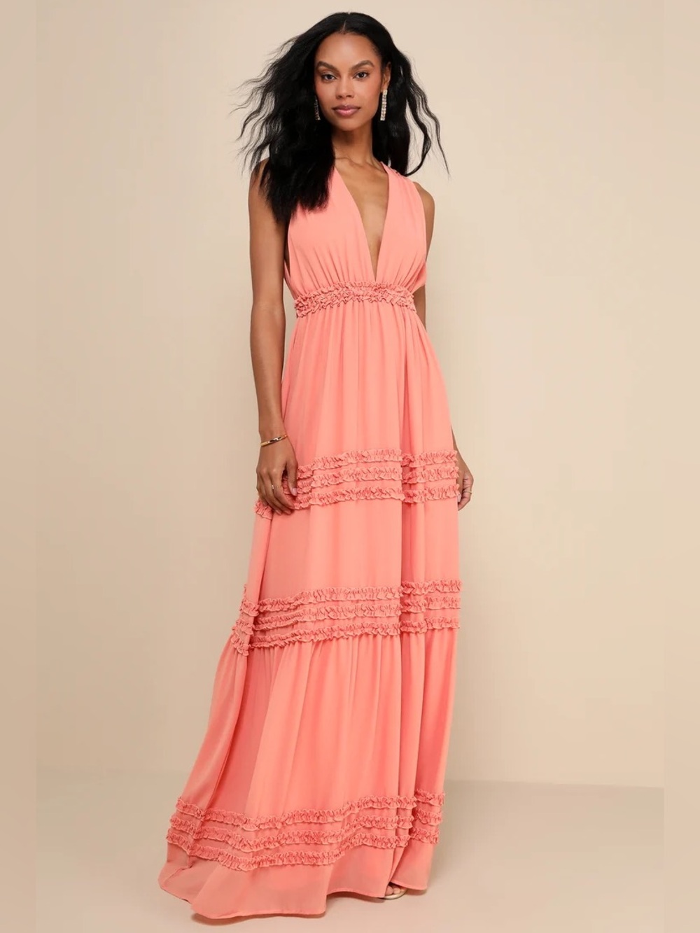 NWT Women’s Lulus Adoring Effect peach pink chiffon tiered maxi dress-size Small